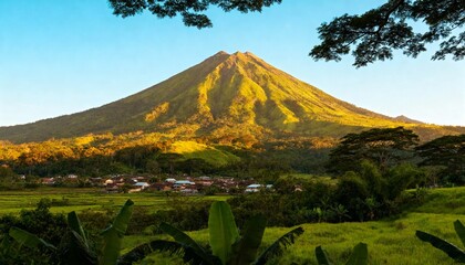 Dormant Volcano with Lush Green Vegetation and Village at Base – Photo