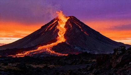 Towering Volcano Eruption at Sunset with Flowing Lava – Photo