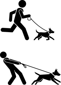 Person Running and Pulling Dog on Leash Icon Set