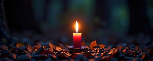 A single flickering candle casts a warm glow in the surrounding darkness, leaving ample space for text, copy space, glow, texture