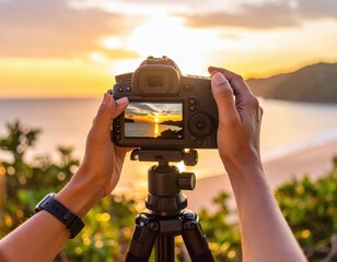 Photographer Composing Scenic Sunset Shot Over Ocean With Camera on Tripod