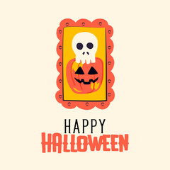 Pumpkin Skull Happy Halloween Postcard. Vector Illustration of Hand Drawn Doodle 31 October Holiday. Greeting Card Background with Typography. Trick or Treat.