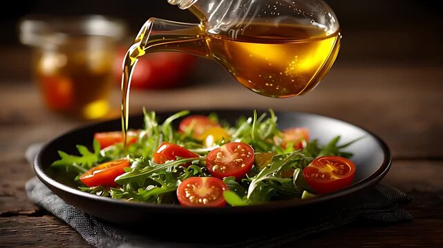 Pouring Olive Oil Over Fresh Vegetable Salad on Wooden Table