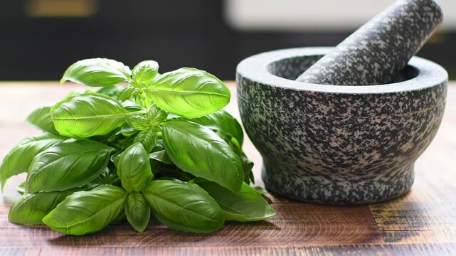 Fresh basil leaves and stone mortar on a wooden surface background