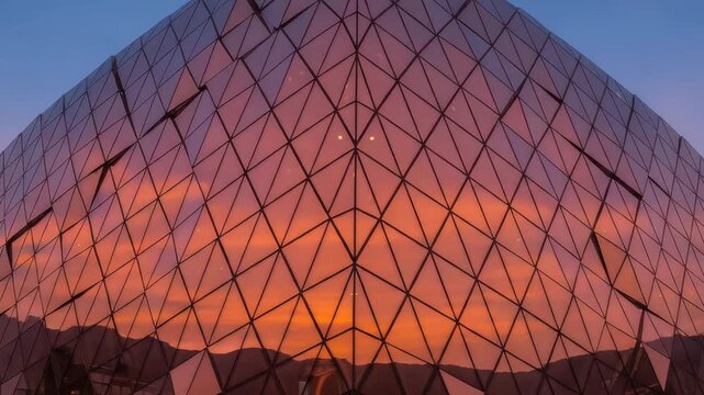 Modern glass building with a triangular pattern reflecting a vibrant sunset sky with orange and blue hues