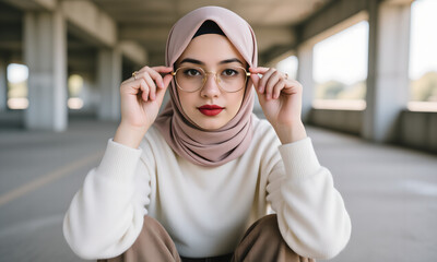 Young Muslim Woman Adjusting Stylish Glasses, Looking Confidently at Camera in Urban Setting