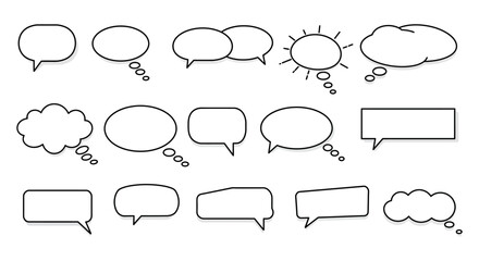 A collection of minimalist vector outlines of speech and thought bubbles in various shapes, perfect for comics, messages, or graphic design projects.