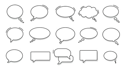 Fototapeta premium A collection of minimalist vector outlines of speech and thought bubbles in various shapes, perfect for comics, messages, or graphic design projects.