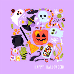 Happy Halloween Sketch Greeting Card. Vector Illustration of Hand Drawn Doodle 31 October Holiday Background. Trick or Treat. Jack o Lantern Witch Skull.