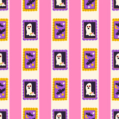 Picture Frame Wall Ghost Bat Seamless Pattern. Vector Illustration of Hand Drawn Doodle 31 October Holiday. Greeting Wall Background. Trick or Treat. Happy Scary Halloween.