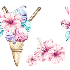 Vibrant summer seamless pattern background wallpaper featuring ice cream cones adorned with hibiscus flowers for festive and vacation vibes