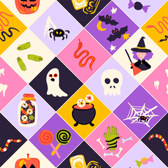 Scary Halloween Seamless Pattern. Vector Illustration of Hand Drawn Doodle 31 October Holiday. Square Background. Trick or Treat. Pumpkin Skull.