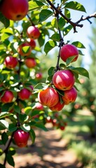 Fototapeta premium Abundant harvest of ripe red apples hanging from branches in a sunny orchard, september, harvest, organic