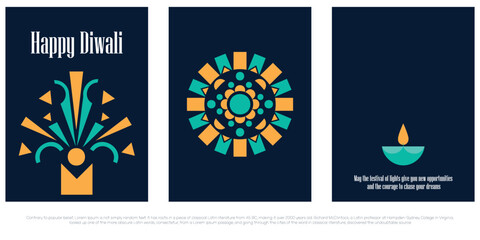 Set of three modern, vertical Happy Diwali greetings featuring abstract geometric illustrations of a festive firework burst, a circular mandala, and a simple diya lamp on a dark blue background. © shirish
