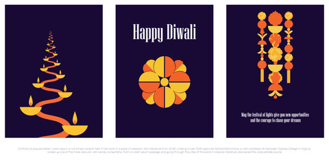 Set of three modern, vertical Happy Diwali greetings featuring abstract geometric designs: a spiraling path of diyas, a circular motif, and a decorative hanging garland. © shirish