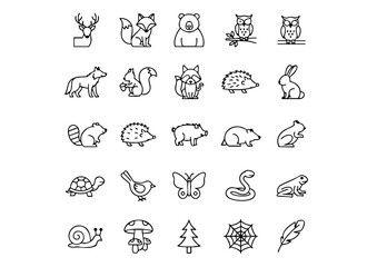 Temperate Forest Wildlife Vector Icon Set, Woodland Creatures Black and White Line Art, North American & European Forest Animal Icons