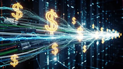 Digital money transfer concept with dollar signs and lightning bolts symbolizing fast and secure financial transactions - Powered by Adobe