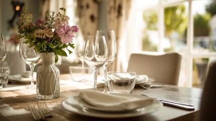 Fototapeta premium Soft sunlight enhances an intimate dining arrangement featuring delicate flowers and sparkling glassware.