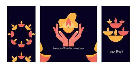 Set of three modern, vertical Diwali greetings featuring abstract geometric illustrations of glowing diya lamps, a circular arrangement, and hands holding the flame on a dark background. © shirish