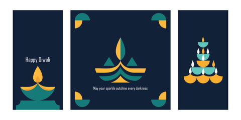Set of three modern, vertical Diwali greetings featuring highly abstract and geometric illustrations of diya oil lamps and a traditional tiered stack on a dark blue background. © shirish