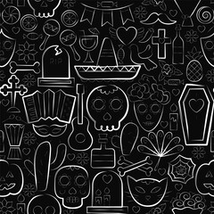 Black Seamless Pattern Dia De Los Muertos. Vector Illustration of Outline Sketch 31 October Holiday. Greeting Line Doodle Background. Day of the Dead. Linear Texture. Catarina Calavera Skull Death.