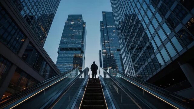 A lone figure ascends an escalator towards towering skyscrapers under a twilight sky in an urban setting