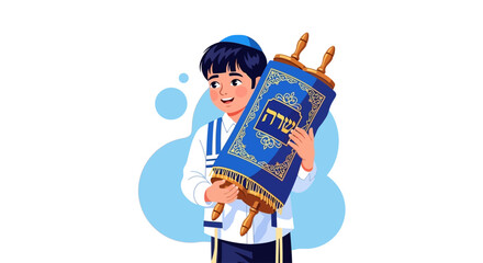 A young boy in a yarmulke holds a Torah scroll, celebrating a religious milestone.