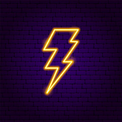 Neon Zigzag Lightning Sign. Vector Glowing Art Illustration of Trendy Pop Shape. Popular Led Lamp Object. Brick Wall Dark Background.