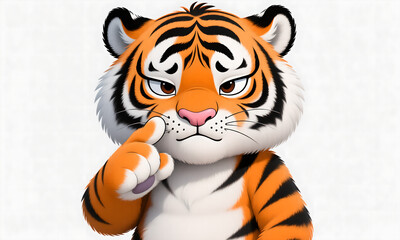 Cute Cartoon Tiger Cub with Thoughtful Expression Holding Finger to Mouth on White Background