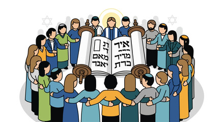 A diverse group of people of all ages and genders are gathered in a circle around a Torah scroll, symbolizing community and religious study.