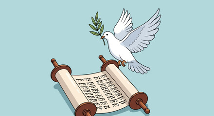 A white dove carrying an olive branch flies above a scroll, symbolizing peace.