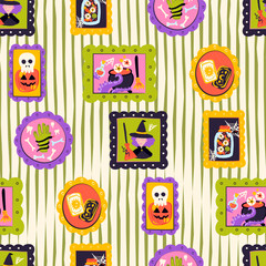 Happy Halloween Wall Picture Seamless Pattern. Vector Illustration of Hand Drawn Doodle 31 October Holiday. Greeting Wall Background. Trick or Treat. Jack o Lantern Witch Skull.