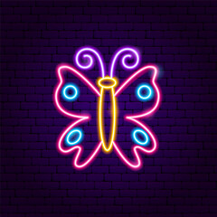 Pink Butterfly Neon Sign. Vector Glowing Art Illustration of Trendy Pop Shape. Popular Led Lamp Object. Brick Wall Dark Background.