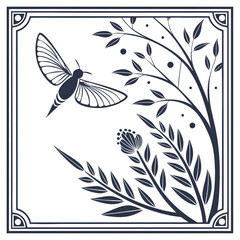 Fototapeta premium Elegant moth flies near stylized blooming plants in decorative frame