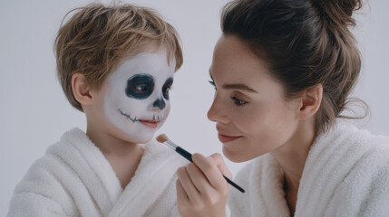 Mother applying ghost makeup to smiling child in white robe, creating playful and spooky atmosphere