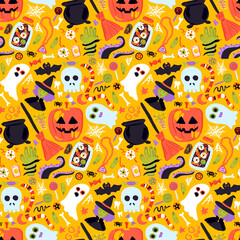 Happy Halloween Sketch Seamless Pattern. Vector Illustration of Hand Drawn Doodle 31 October Holiday. Greeting Background. Trick or Treat. Jack o Lantern Skull.