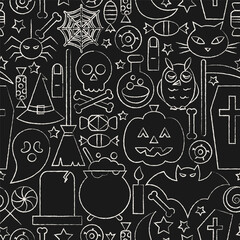 Black Happy Halloween Sketch Seamless Pattern. Vector Illustration of Outline Sketch 31 October Holiday. Greeting Line Doodle Background. Trick or Treat Linear Texture. Jack o Lantern Witch Skull.