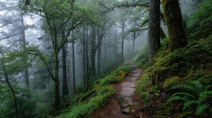 Fototapeta premium Winding trail through lush greenery and moss covered trees in a misty forest serene and calming.