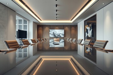 Generative AI modern boardroom meeting space.