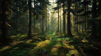 Naklejka premium Sunlit Forest Path with Moss Covered Ground and Tall Pine Trees