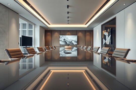 Generative AI modern boardroom meeting space.