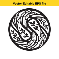 Vector art of circular black and white abstract design with organic elements