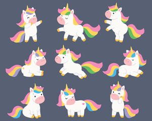 Collection of cute cartoon unicorns. Print for kids. Isolated dark background. Vector illustration