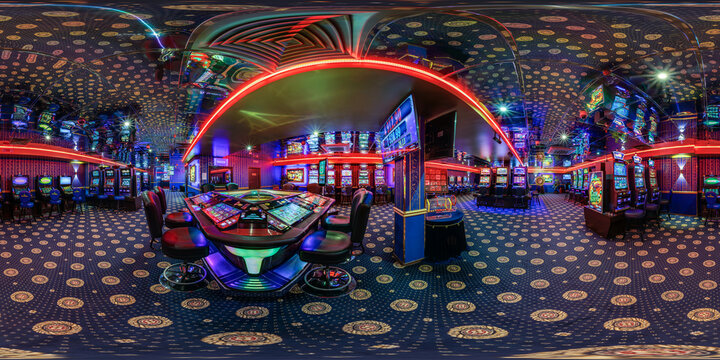 hdri 360 panorama in interior of elite luxury casino with rows of gambling slots machine in red violet neon light in seamless equirectangular spherical projection