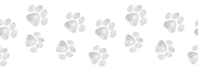 Watercolor seamless border with soft gray paw prints forming a playful seamless line. Perfect for textile printing, wrapping paper, pet product packaging, and creative animal themed projects.