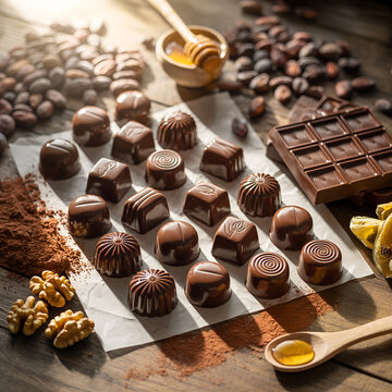 Assorted chocolate candies arranged on parchment with honey and nuts  