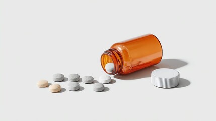An orange prescription bottle spills various tablets on a white surface, showcasing the importance of medication and health awareness. Perfect for medical or wellness themes.