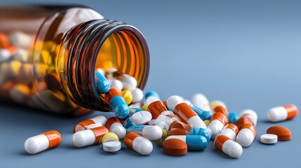 A close-up view of colorful medication spilling from a brown prescription bottle on a soft blue background. The image captures the importance of health and medication management.