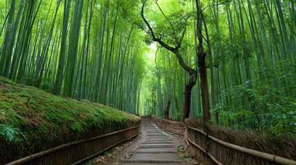 Visitors walk along a beautiful stone pathway surrounded by towering bamboo trees and soft light.