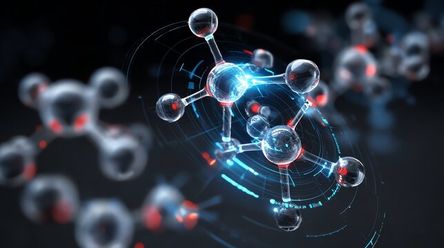 An abstract representation of molecular structures showcasing interconnected atoms. Perfect for illustrations in scientific research or educational materials related to chemistry.